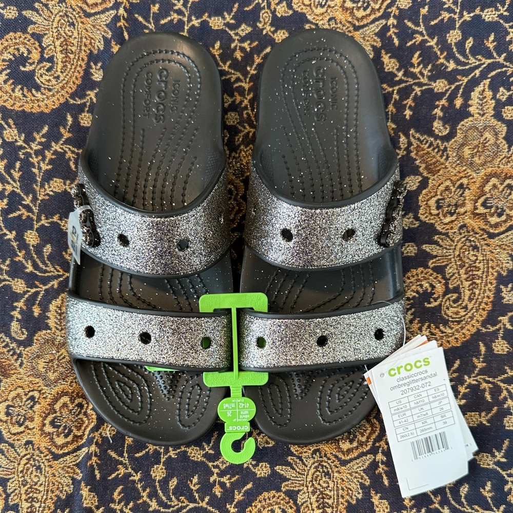 New CROCS Classic Ombre Glitter Sandals/Slides - Black and Gold NWT (C5)